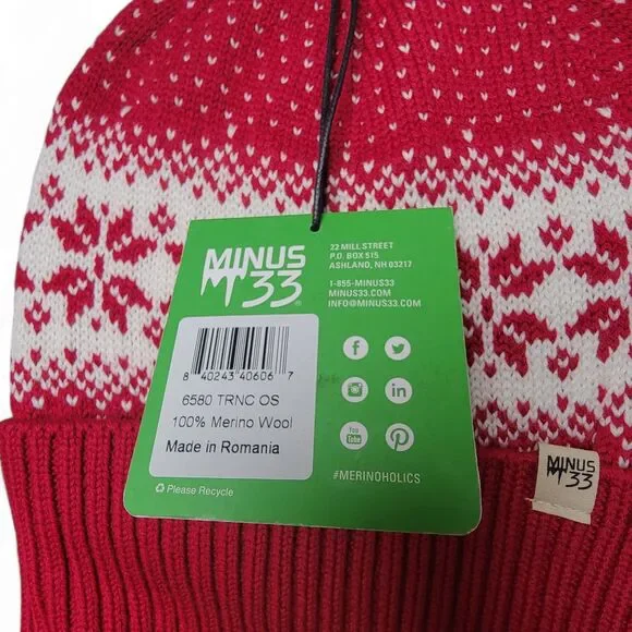 Minus33 Merino Wool Knit Beanie Red Snowflakes New Snow Gear Skiwear Classic - Picture 2 of 5